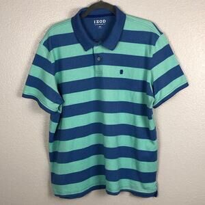 Izod Men’s Size XXL Blue Teal Polo Short Sleeve Shirt Embroidered Logo Stripes